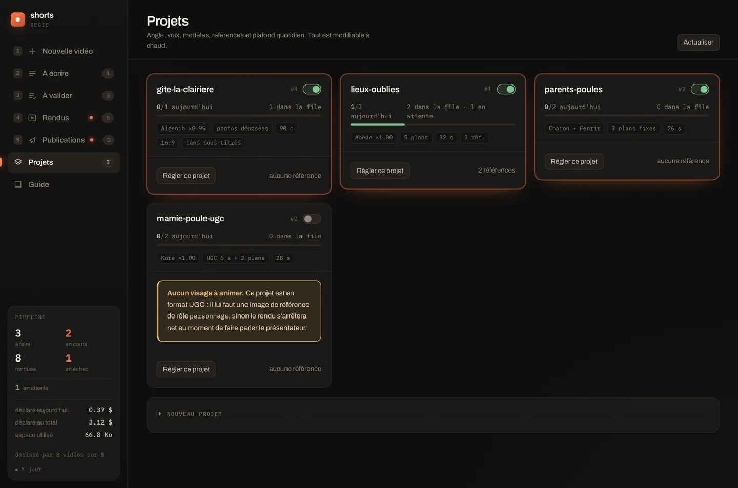 Onglet Projets : les cartes des projets existants