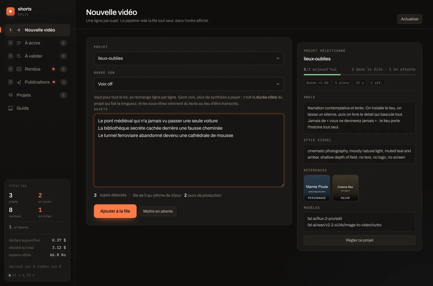 Onglet Nouvelle vidéo : projet choisi et sujets saisis un par ligne