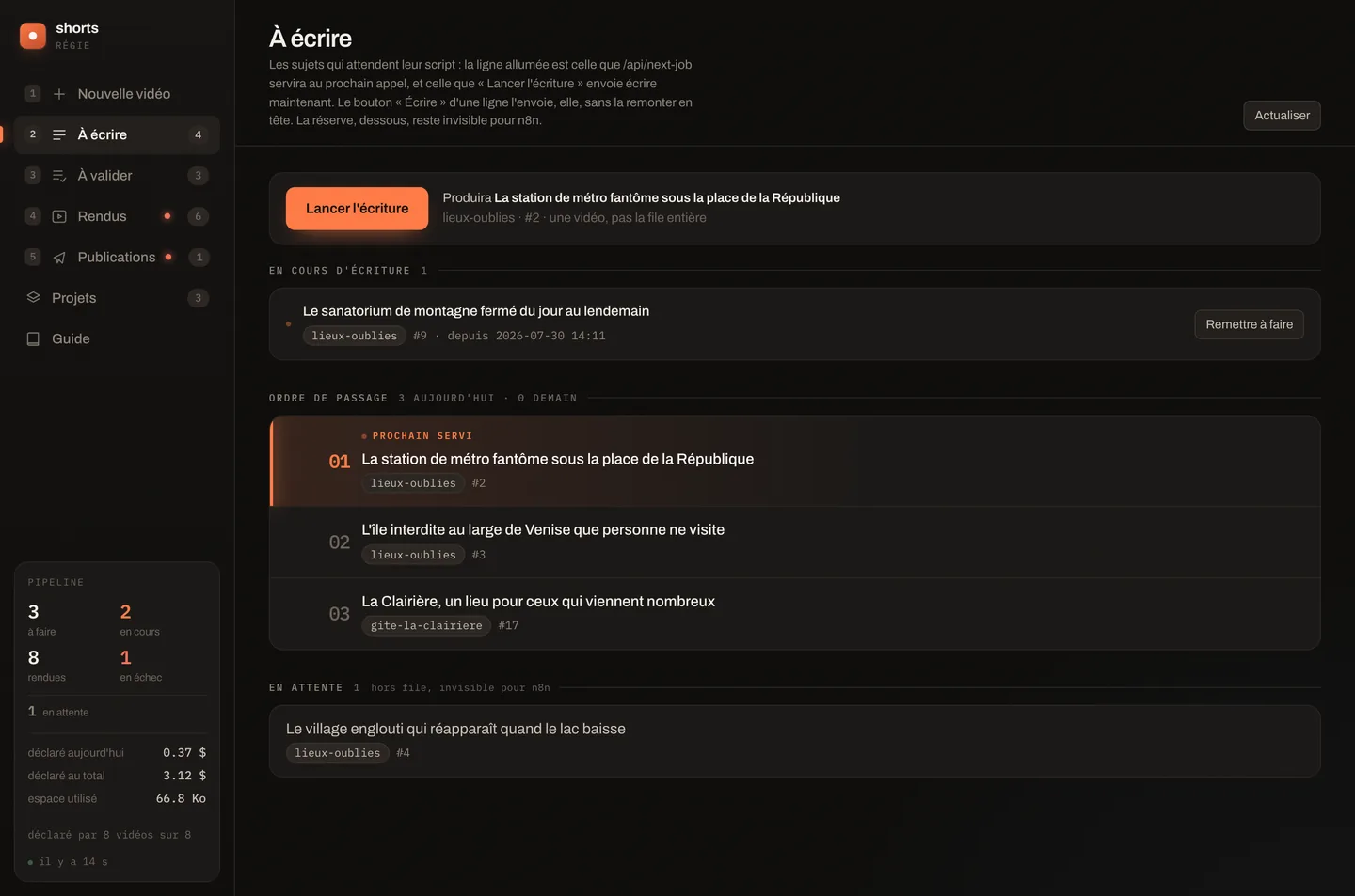 Onglet À écrire : bouton Lancer l'écriture, section En cours d'écriture, ligne prochain servi, réserve en attente