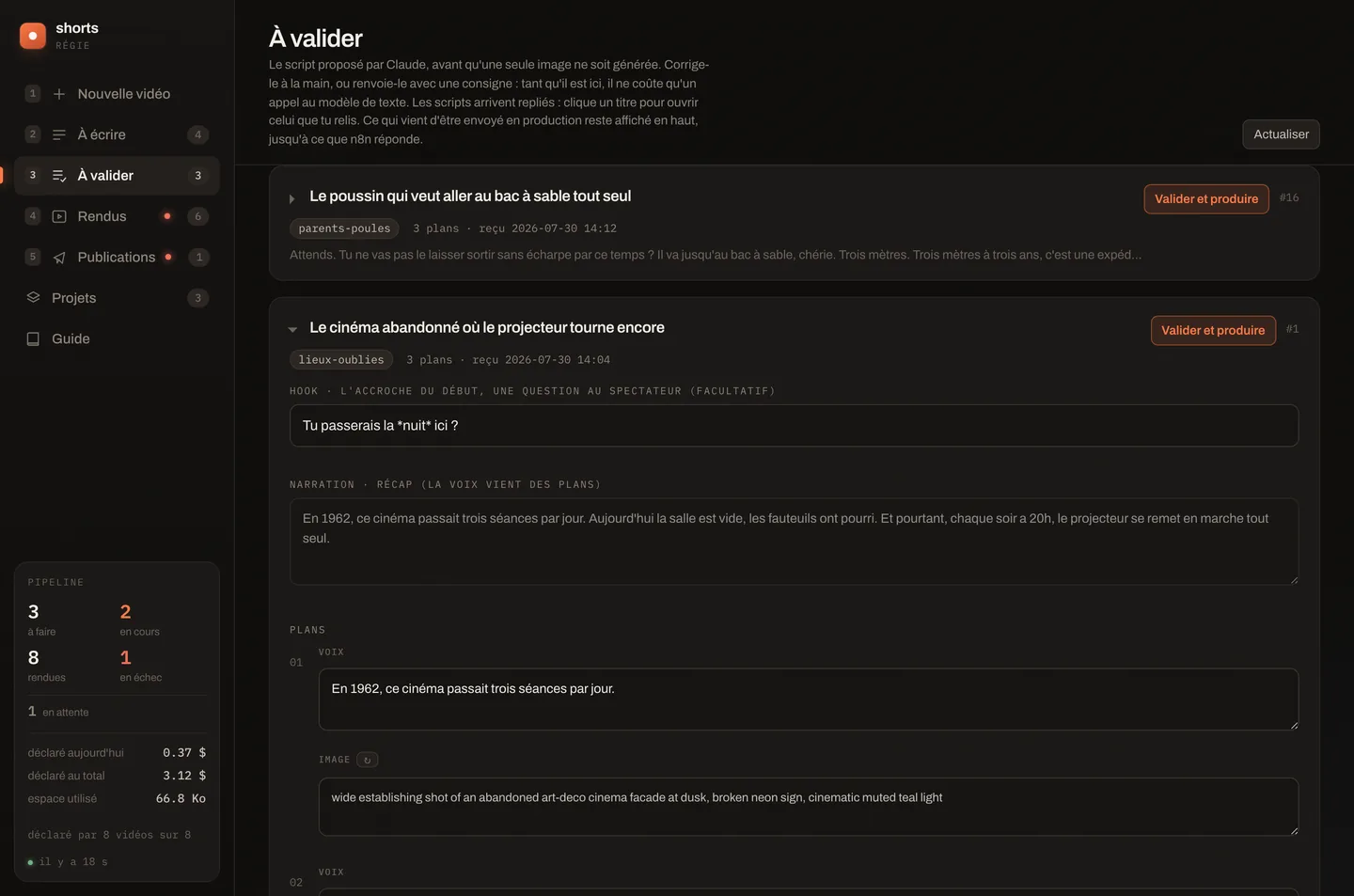 Onglet À valider : un script déplié avec récap narration puis deux champs (voix + image) par plan et un bouton ↻ pour régénérer l'image, les autres scripts repliés en une ligne, chaque ligne portant son bouton Valider et produire