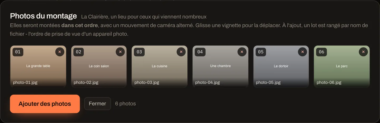 Le panneau Photos du montage : vignettes numérotées, réordonnables à la souris