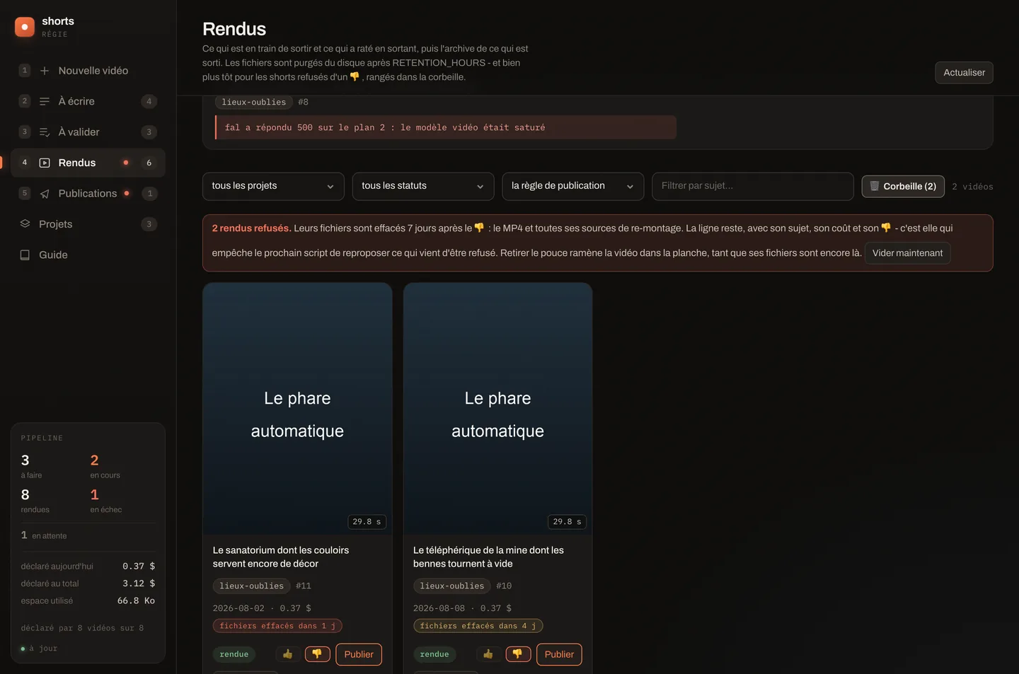 Onglet Rendus, bouton Corbeille enfoncé : un bandeau annonce combien de rendus sont refusés, ce que la suppression efface et ce qu'elle garde, avec le bouton Vider maintenant ; en dessous, les vignettes des refusés, chacune portant le nombre de jours avant l'effacement de ses fichiers